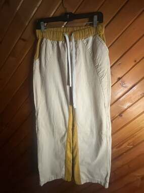 Ranra Is Striped Cotton Drawstring Trousers Yellow White Size S